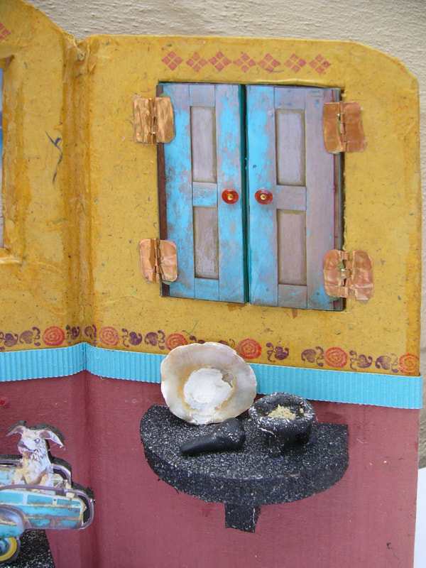 Side panel of 3-D Altar detail, window closed,  by Linda Levy, Linda A, Levy, LA Levy, Santa Cruz, California, Artist, one-of-a-kind artworks, assemblage, recycled materials