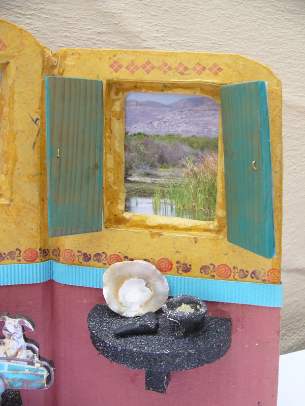 3-D Altar detail, Side panel, window openeded,  by Linda Levy, Linda A, Levy, LA Levy, Santa Cruz, California, Artist, one-of-a-kind artworks, assemblage, recycled materials