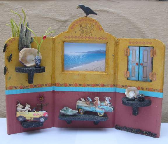 Hand constructed 3-D Altar, by Linda Levy, Linda A, Levy, LA Levy, Santa Cruz, California, Artist, one-of-a-kind artworks, assemblage, recycled materials