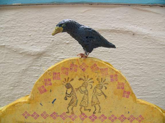 3-D Altar detail, featuring raven sculpture, by Linda Levy, Linda A, Levy, LA Levy, Santa Cruz, California, Artist, one-of-a-kind artworks, assemblage, recycled materials