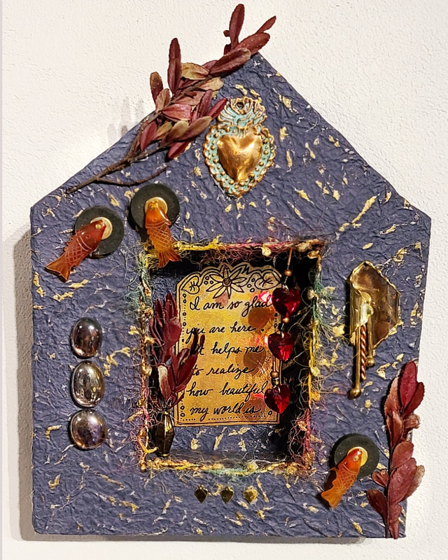 Retablo #3, 3-D construction piece by LA Levy, Santa Cruz, California artist, created using foam core, handmade papers, and found objects