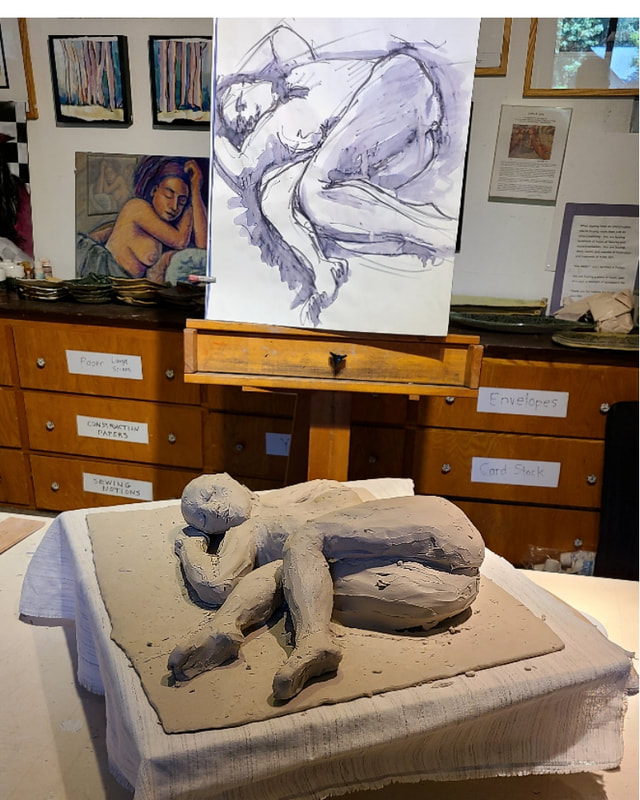 Second in process Clay/ceramic sculpture by LA Levy, based on Life Drawing ink/water 7 minute poses, Santa Cruz, Bonny Doon, California artist.